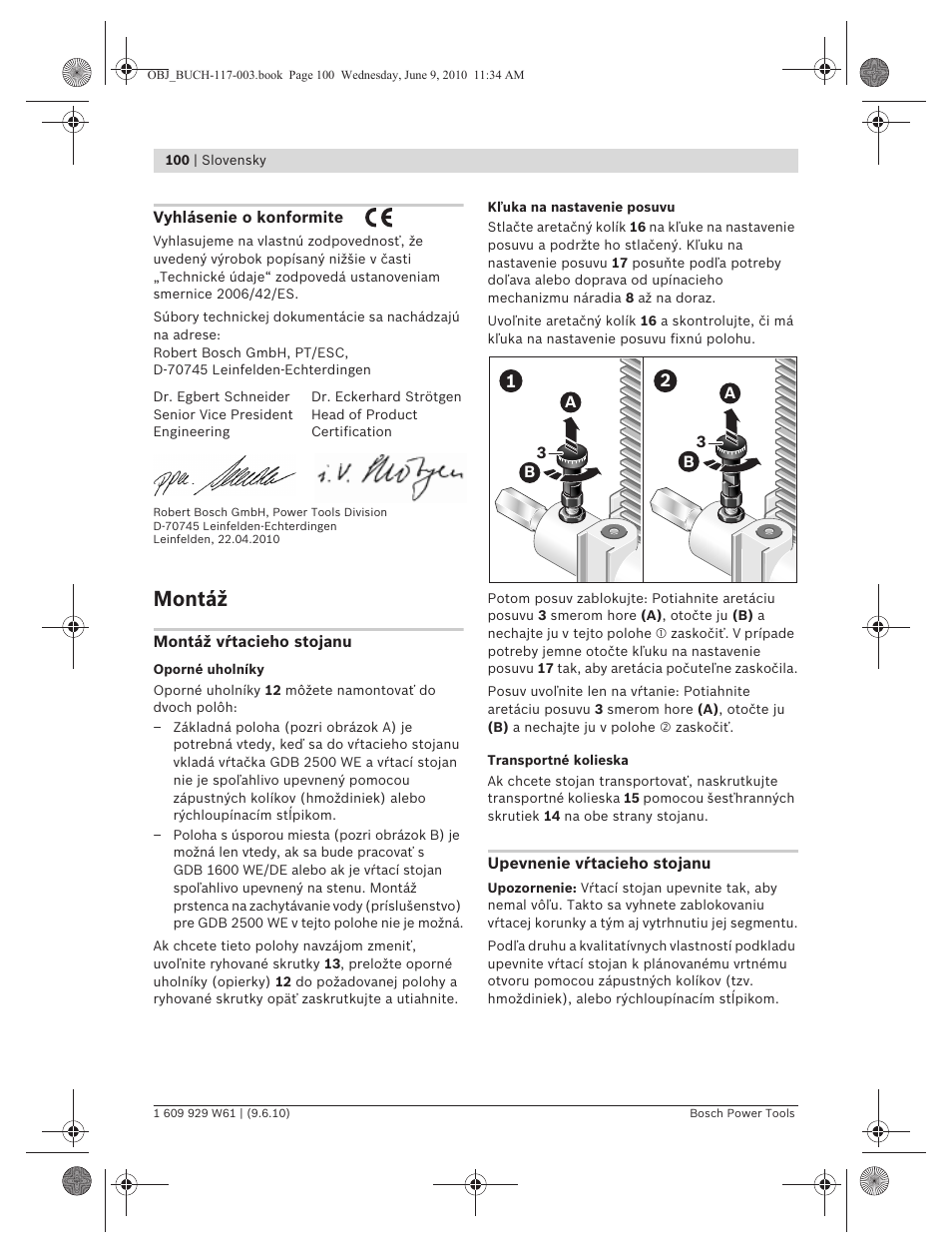 Montáž | Bosch S 500 A Professional User Manual | Page 100 / 216