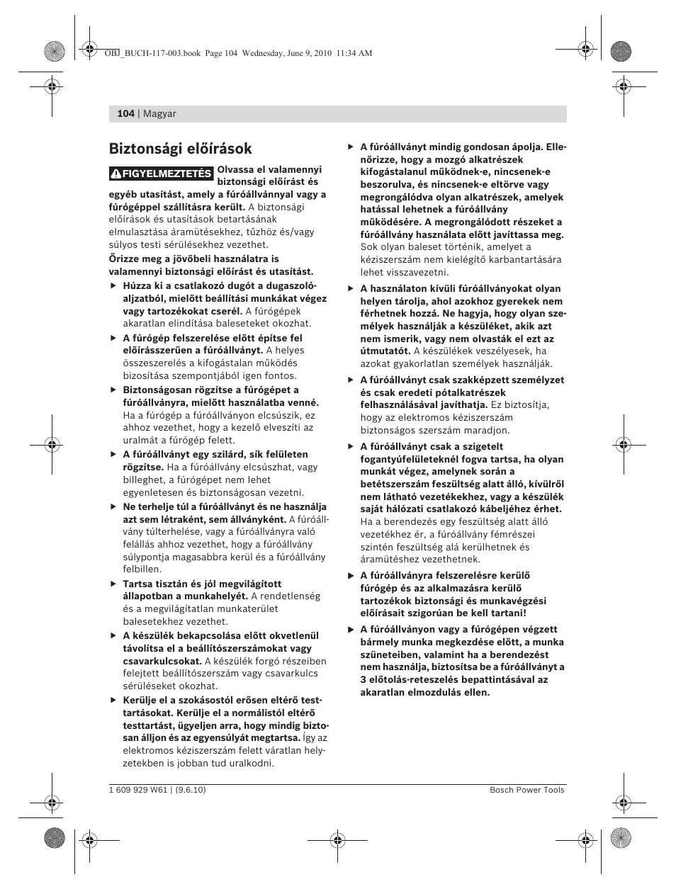 Biztonsági előírások | Bosch S 500 A Professional User Manual | Page 104 / 216