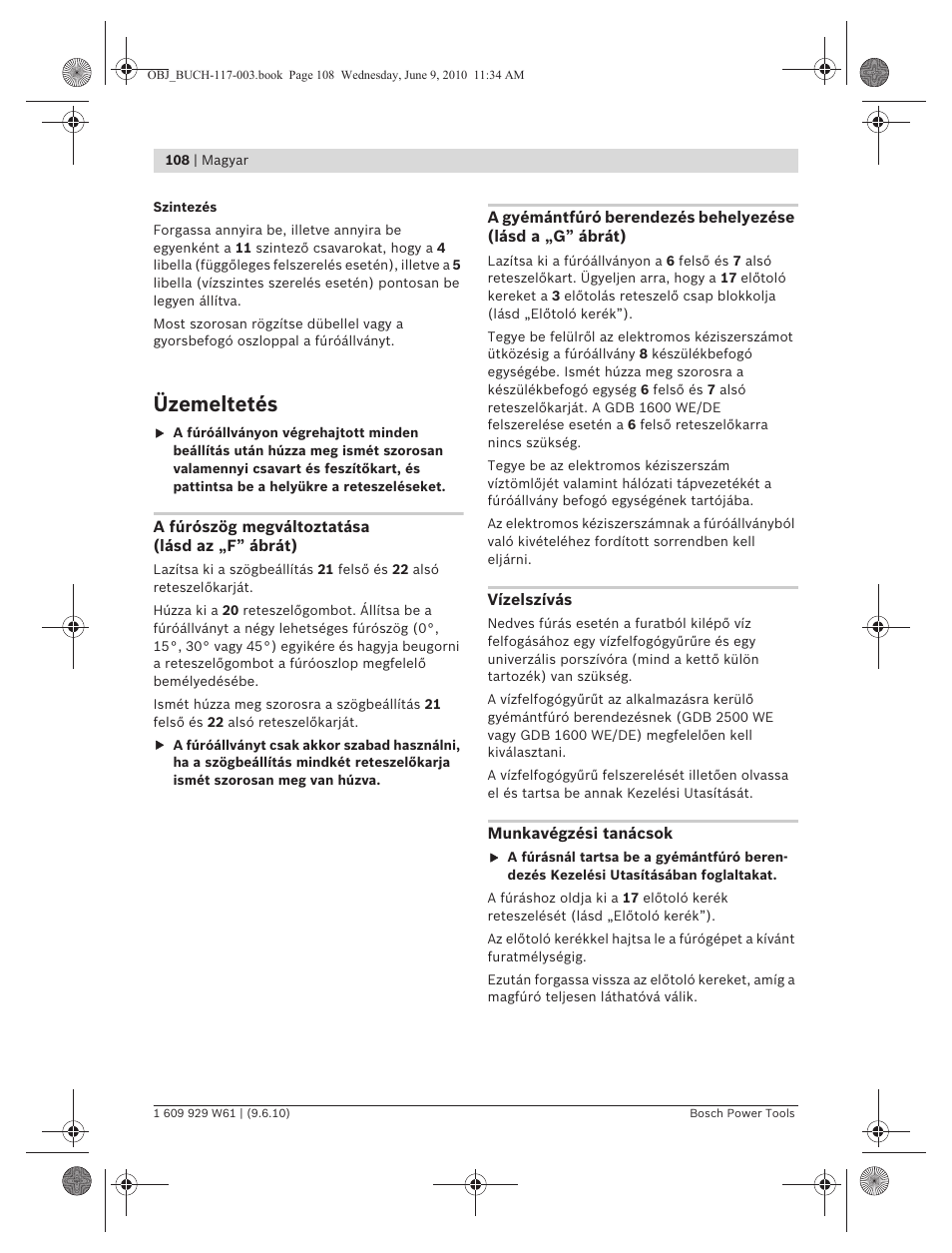 Üzemeltetés | Bosch S 500 A Professional User Manual | Page 108 / 216