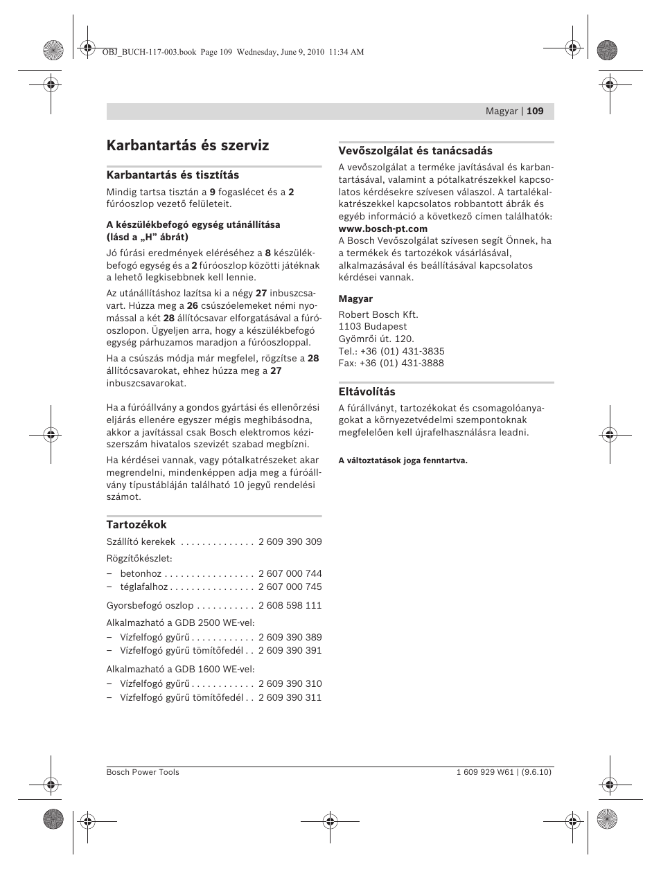 Karbantartás és szerviz | Bosch S 500 A Professional User Manual | Page 109 / 216