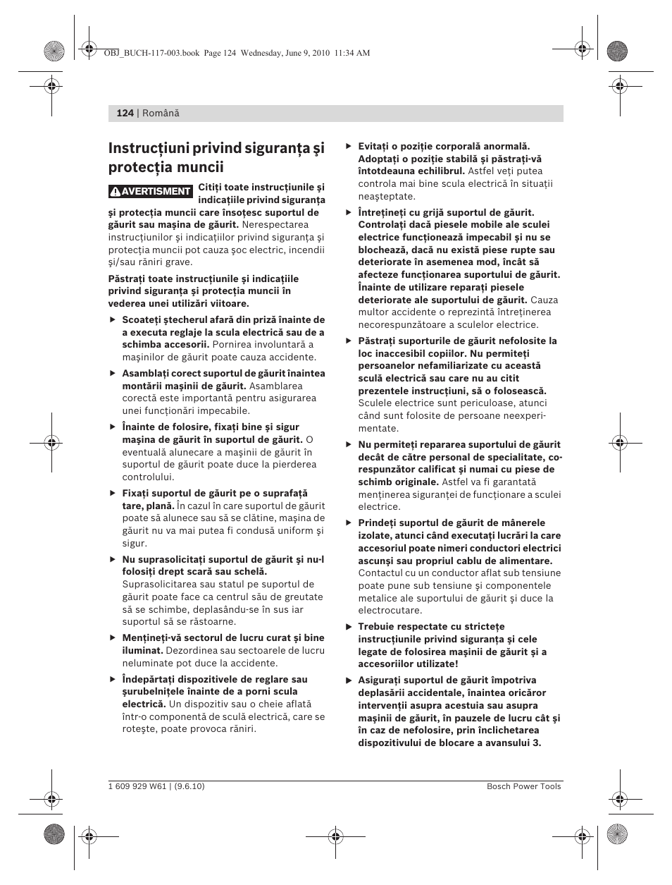 Instrucţiuni privind siguranţa şi protecţia muncii | Bosch S 500 A Professional User Manual | Page 124 / 216