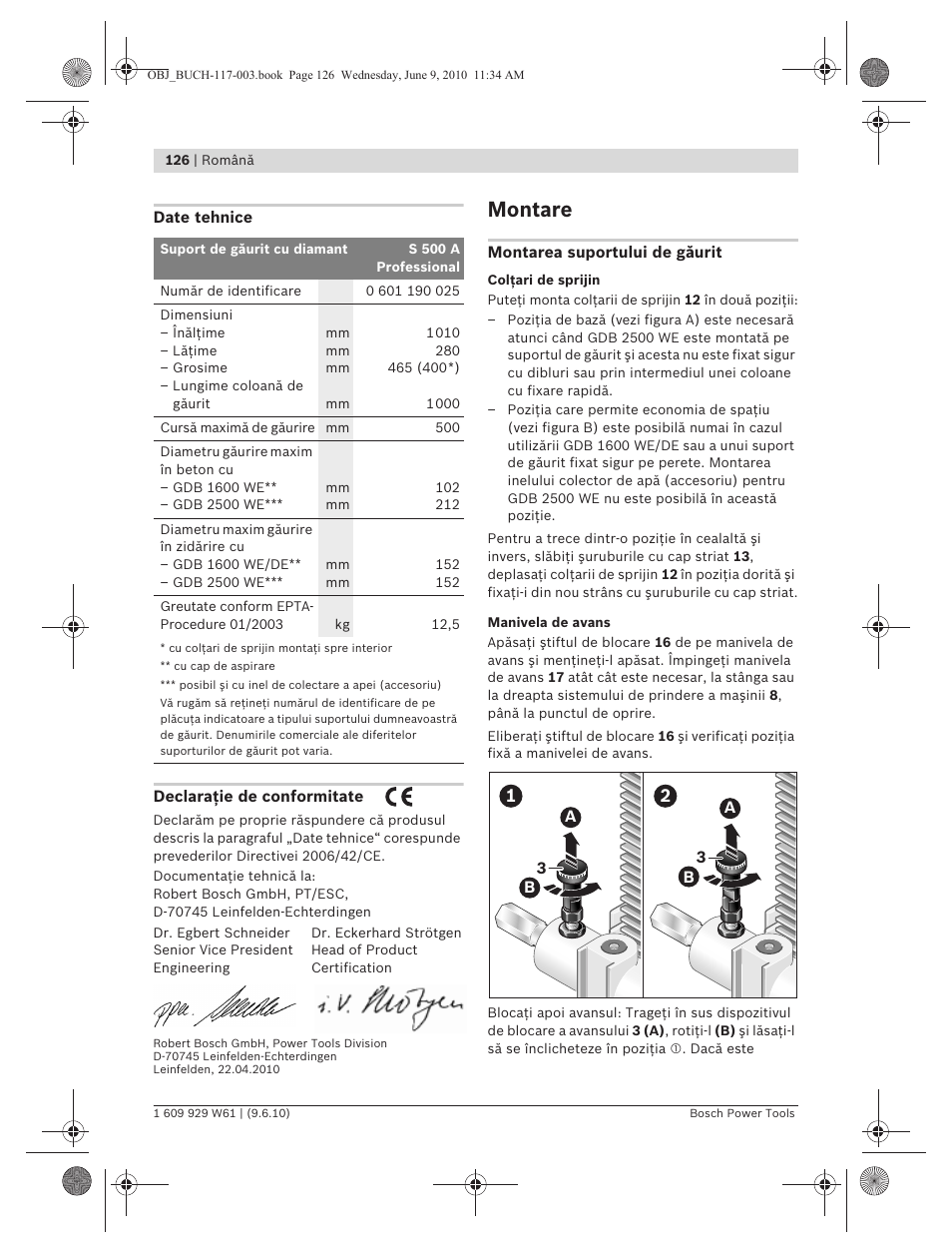 Montare | Bosch S 500 A Professional User Manual | Page 126 / 216