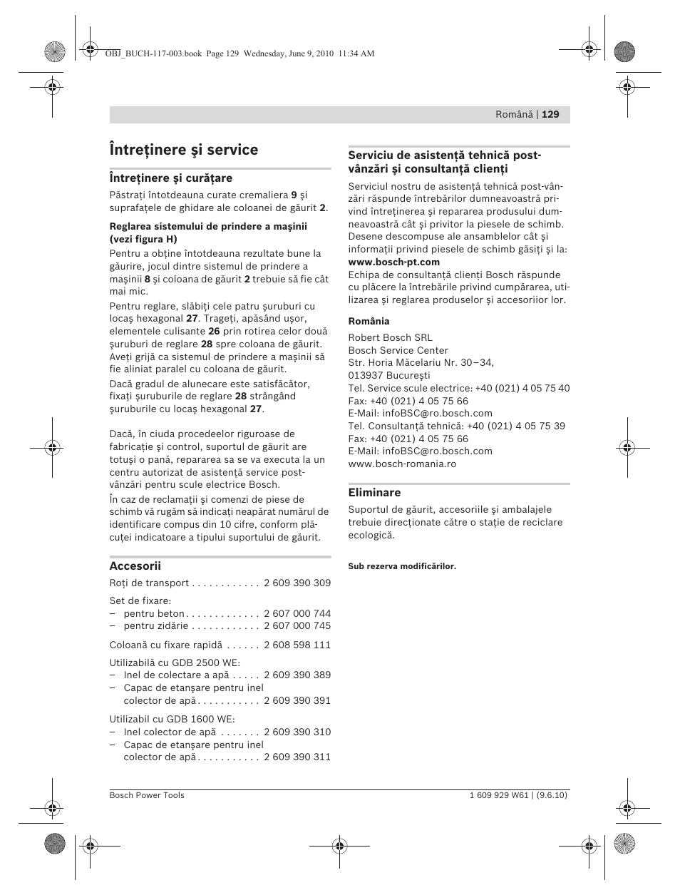 Întreţinere şi service | Bosch S 500 A Professional User Manual | Page 129 / 216