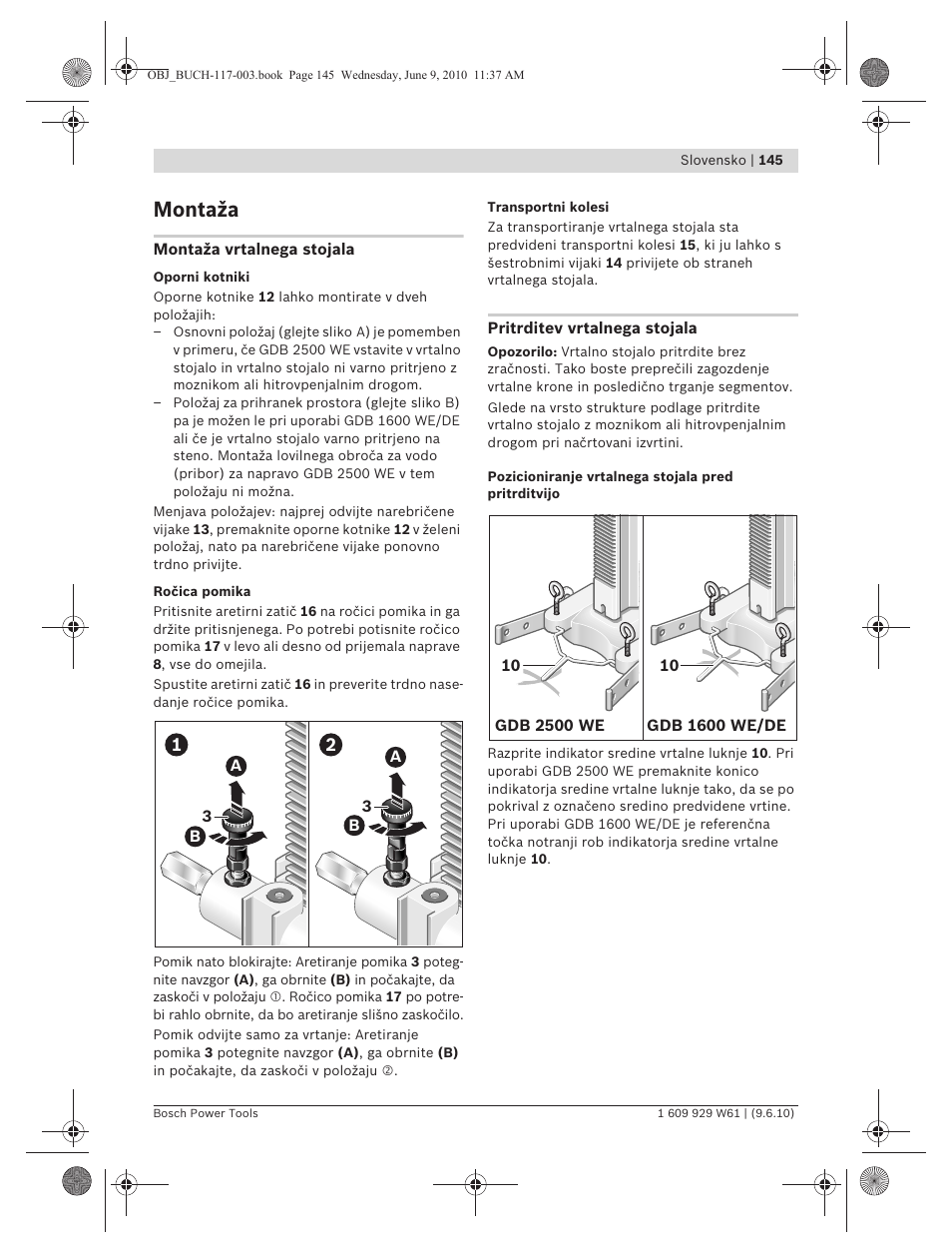 Montaža | Bosch S 500 A Professional User Manual | Page 145 / 216