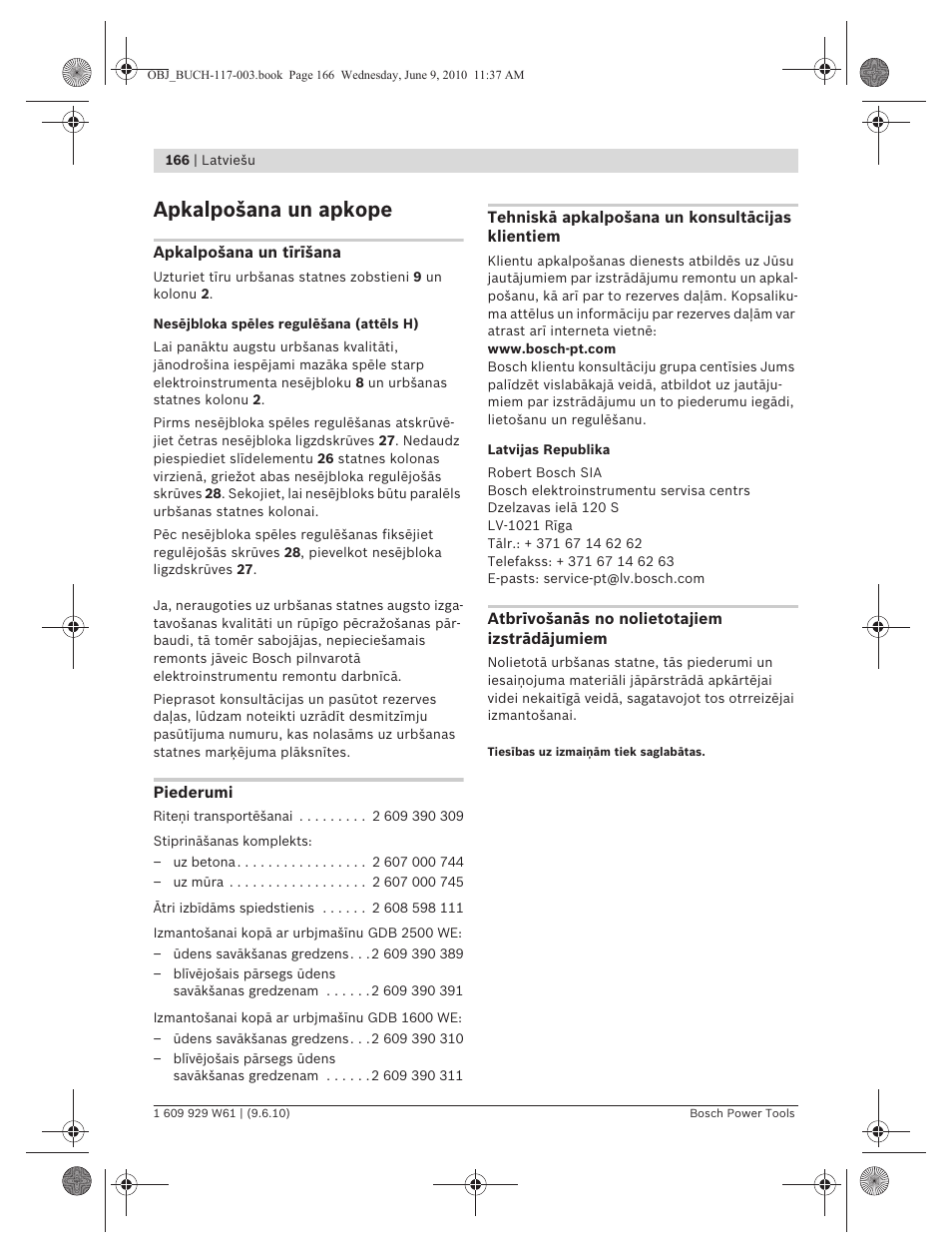 Apkalpošana un apkope | Bosch S 500 A Professional User Manual | Page 166 / 216