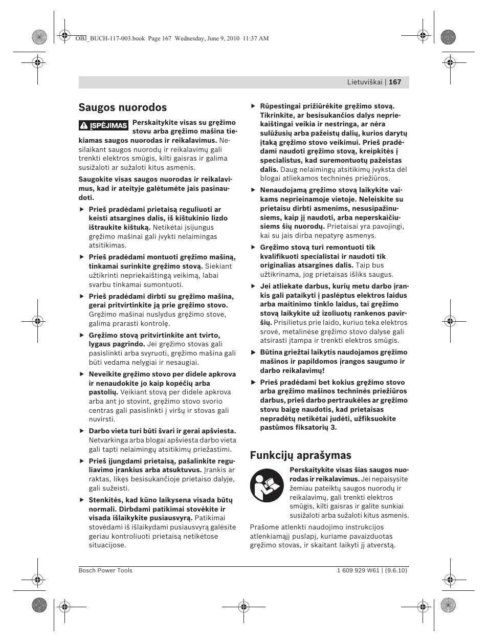 Saugos nuorodos, Funkcijų aprašymas | Bosch S 500 A Professional User Manual | Page 167 / 216