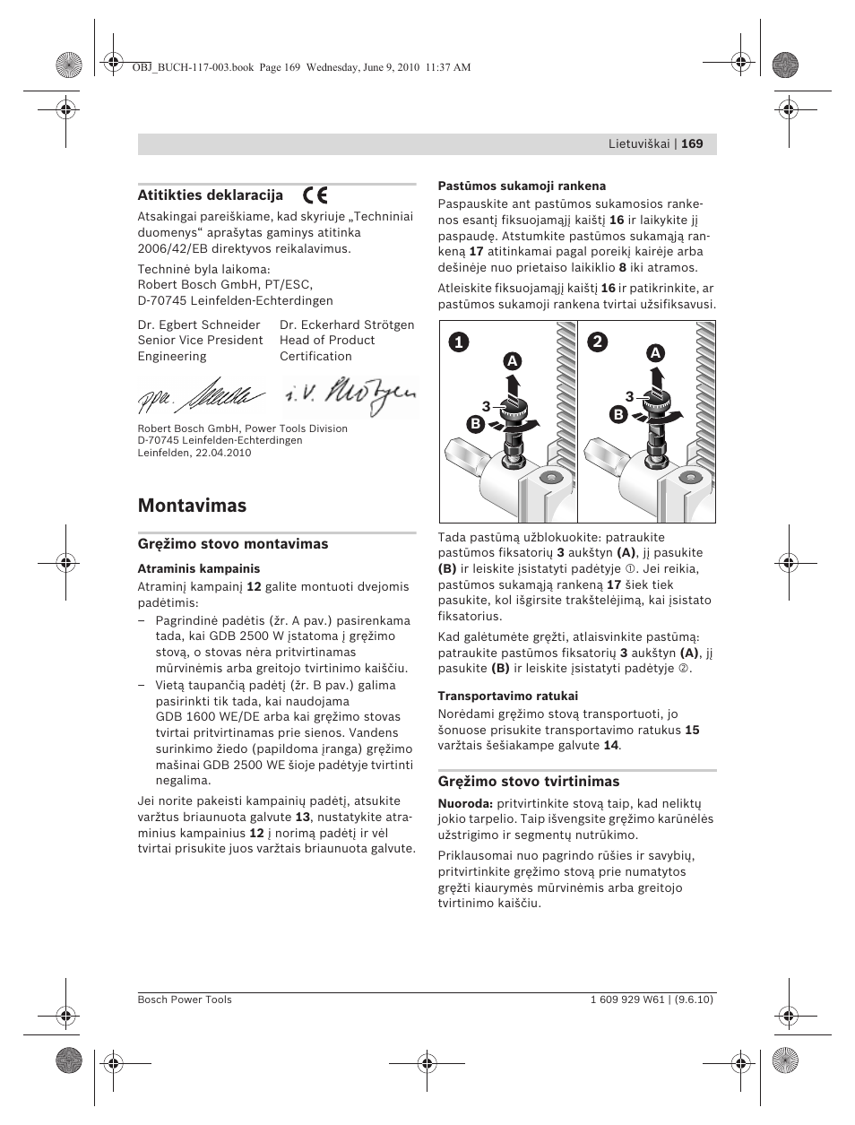 Montavimas | Bosch S 500 A Professional User Manual | Page 169 / 216