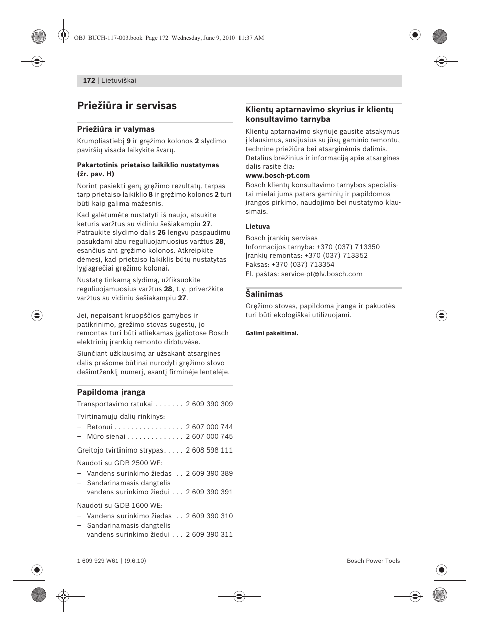 Priežiūra ir servisas | Bosch S 500 A Professional User Manual | Page 172 / 216