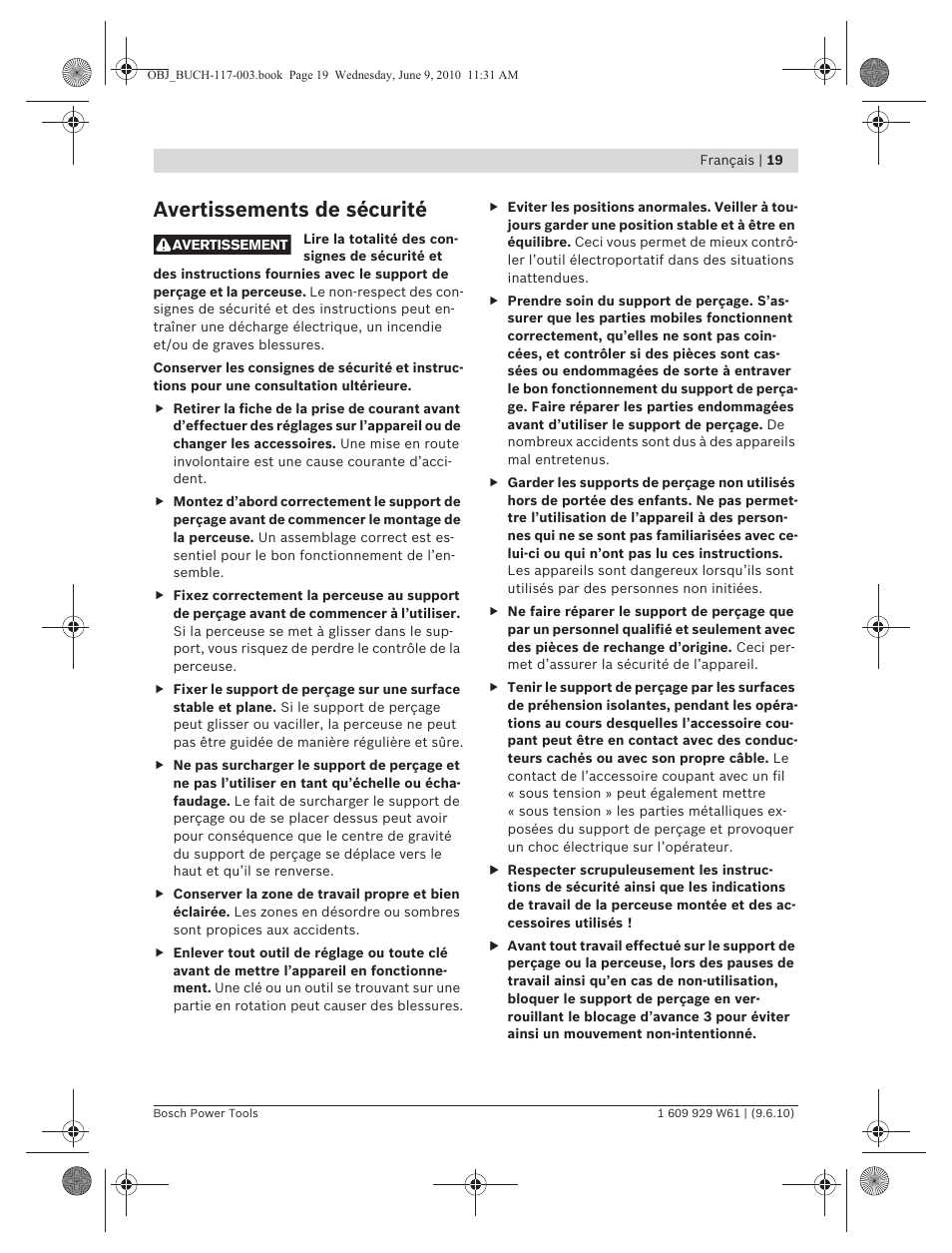 Avertissements de sécurité | Bosch S 500 A Professional User Manual | Page 19 / 216