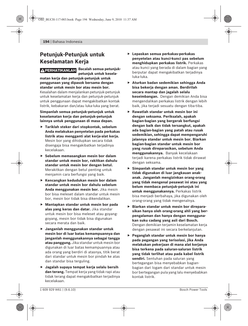 Petunjuk-petunjuk untuk keselamatan kerja | Bosch S 500 A Professional User Manual | Page 194 / 216