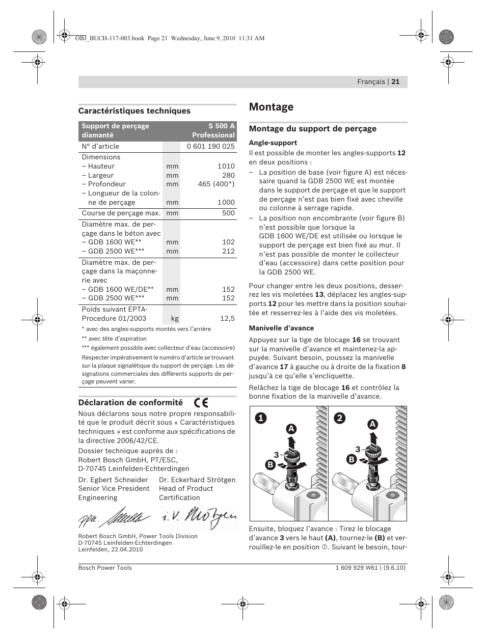 Montage | Bosch S 500 A Professional User Manual | Page 21 / 216