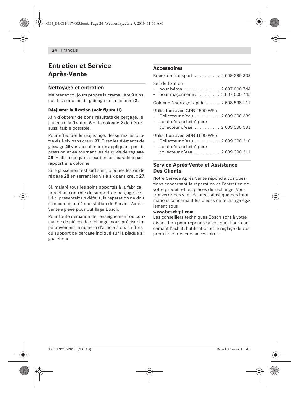 Entretien et service après-vente | Bosch S 500 A Professional User Manual | Page 24 / 216