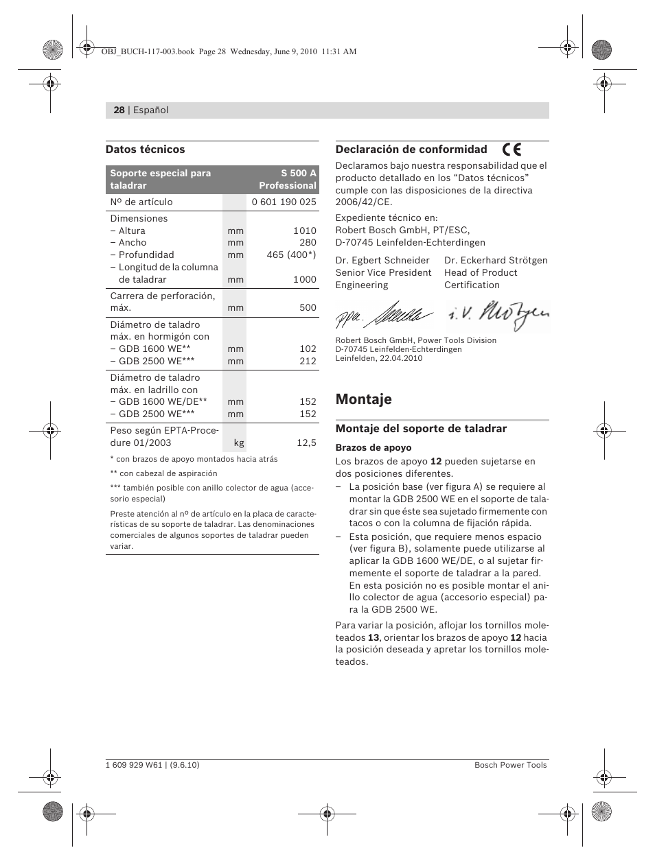 Montaje | Bosch S 500 A Professional User Manual | Page 28 / 216