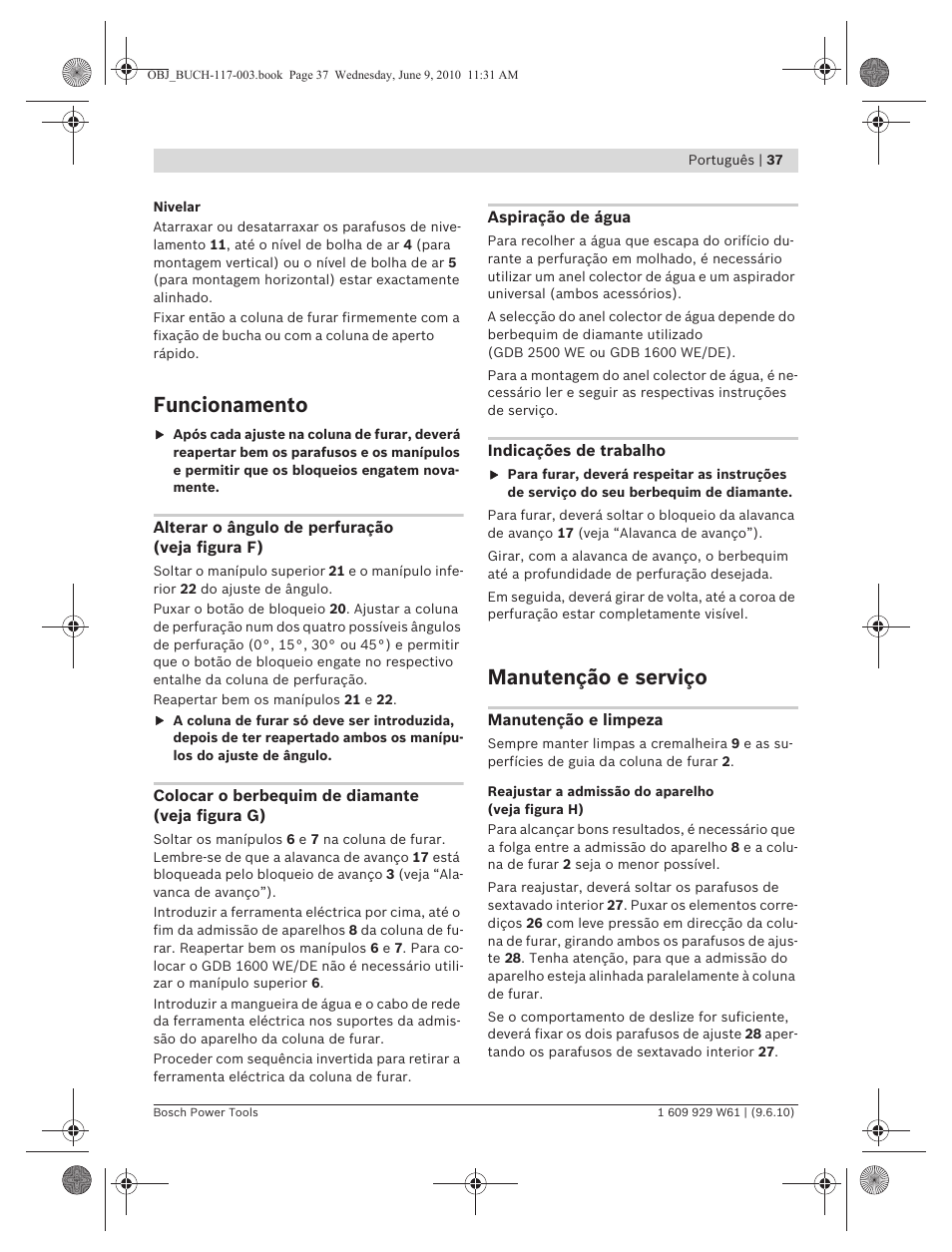 Funcionamento, Manutenção e serviço | Bosch S 500 A Professional User Manual | Page 37 / 216