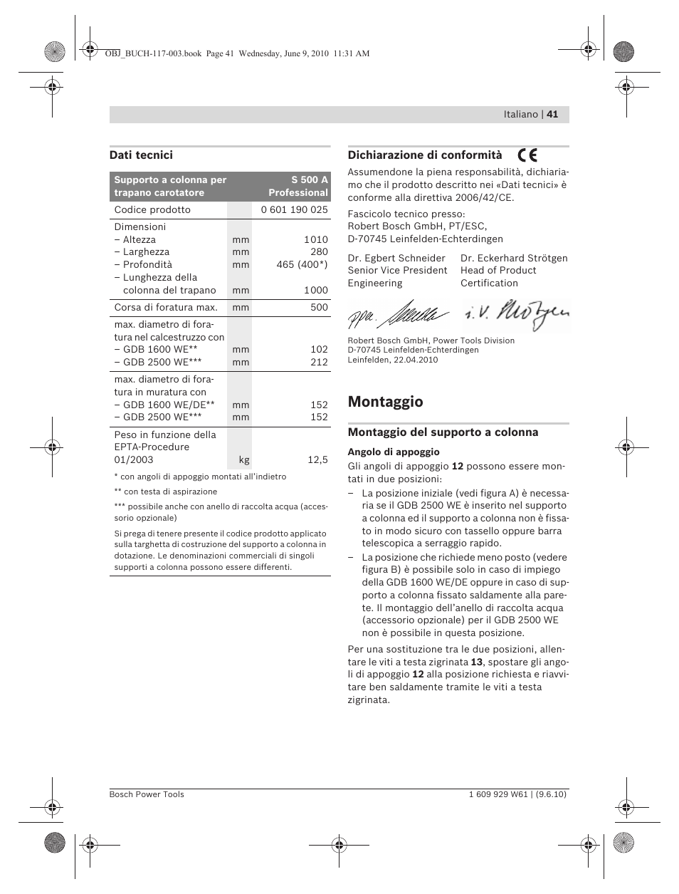 Montaggio | Bosch S 500 A Professional User Manual | Page 41 / 216