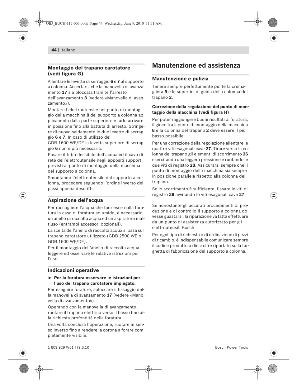 Manutenzione ed assistenza | Bosch S 500 A Professional User Manual | Page 44 / 216