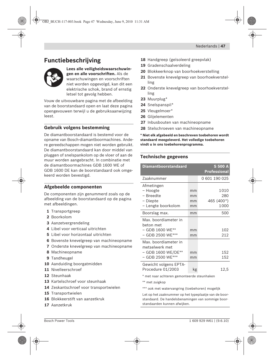 Functiebeschrijving | Bosch S 500 A Professional User Manual | Page 47 / 216