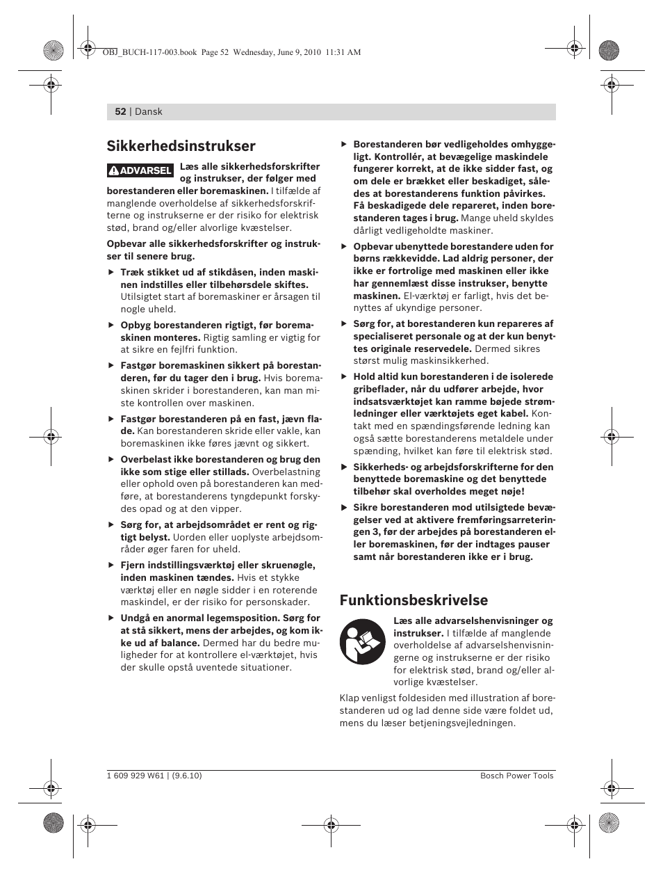 Sikkerhedsinstrukser, Funktionsbeskrivelse | Bosch S 500 A Professional User Manual | Page 52 / 216