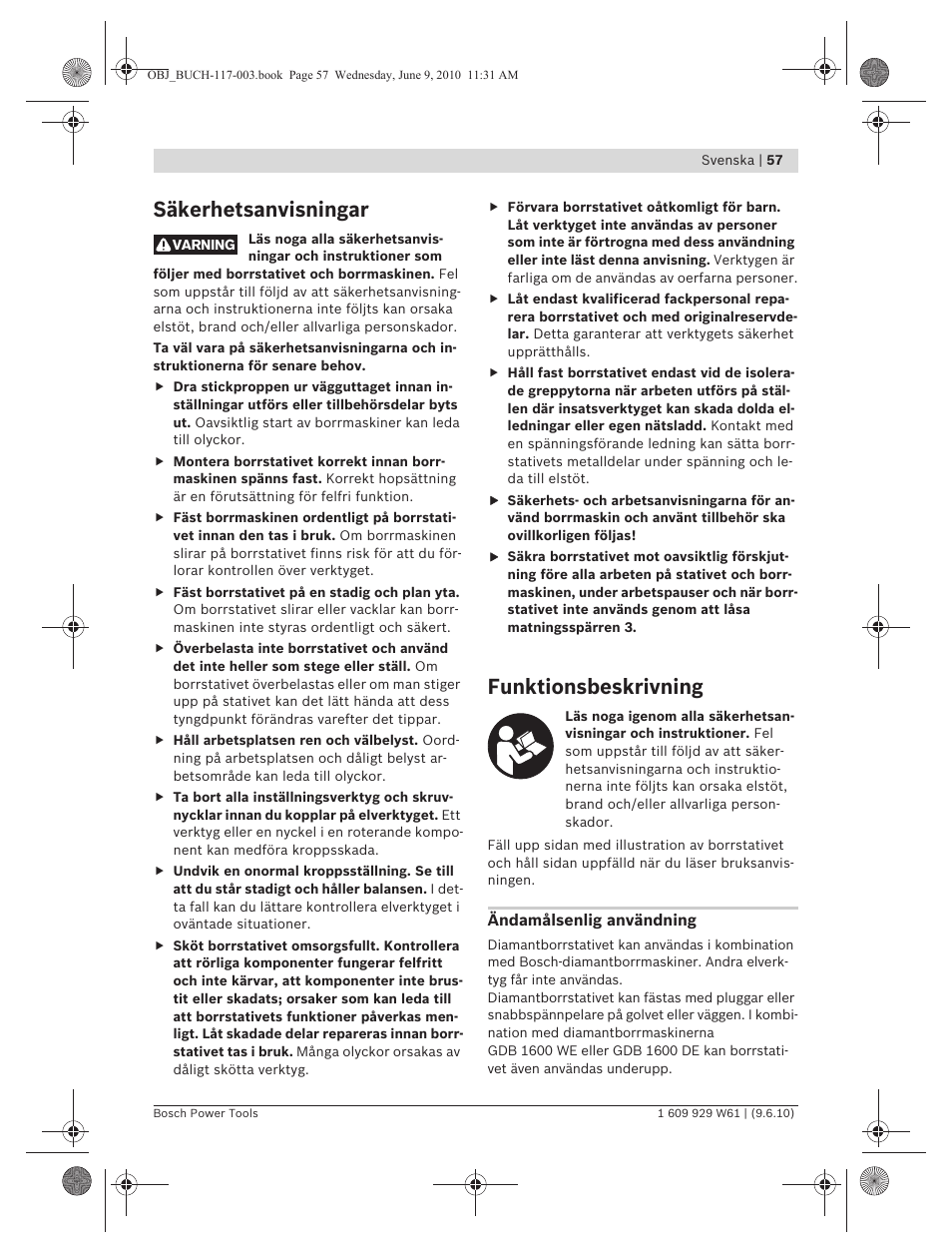 Säkerhetsanvisningar, Funktionsbeskrivning | Bosch S 500 A Professional User Manual | Page 57 / 216