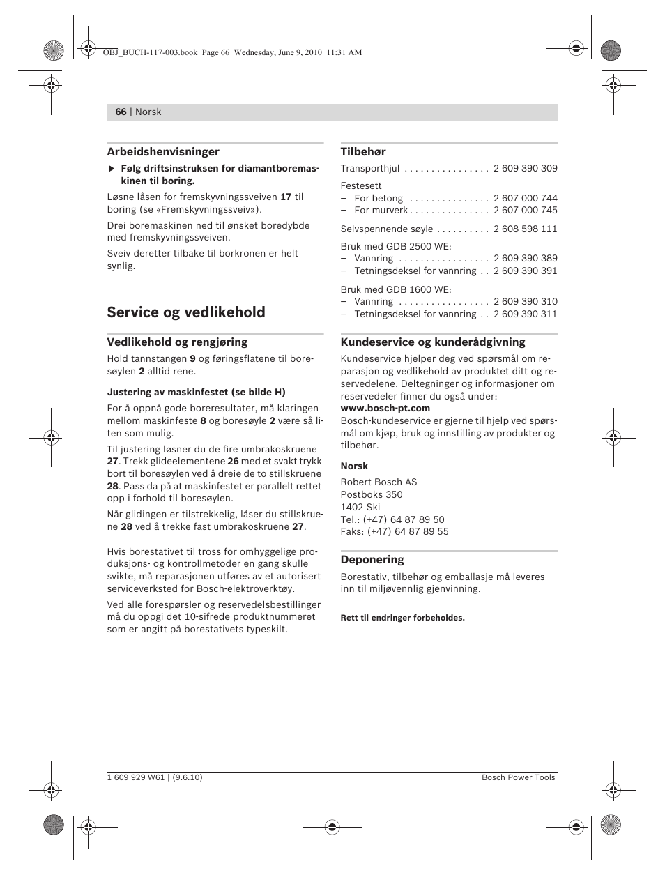 Service og vedlikehold | Bosch S 500 A Professional User Manual | Page 66 / 216