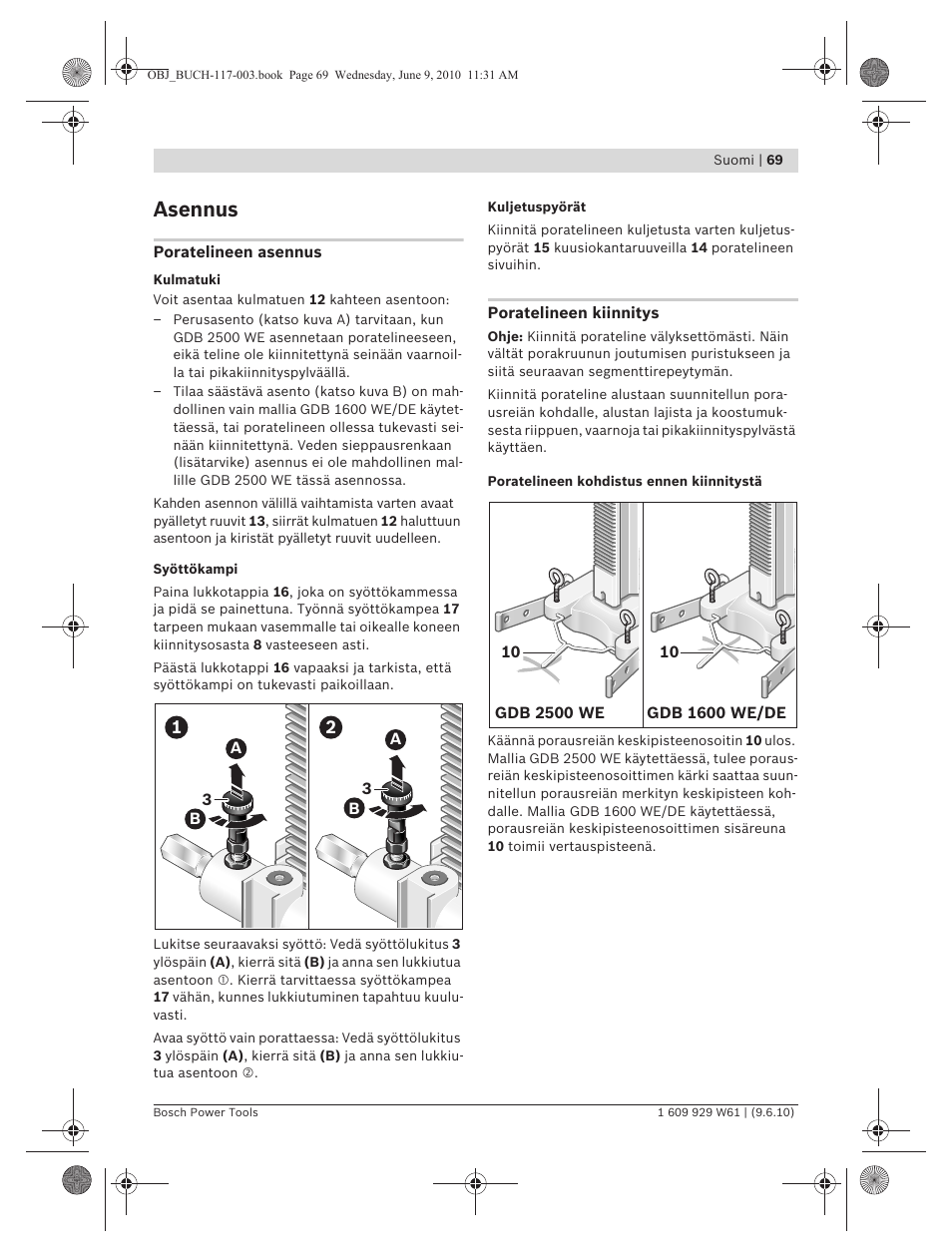 Asennus | Bosch S 500 A Professional User Manual | Page 69 / 216