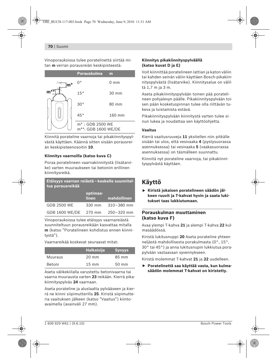 Käyttö | Bosch S 500 A Professional User Manual | Page 70 / 216