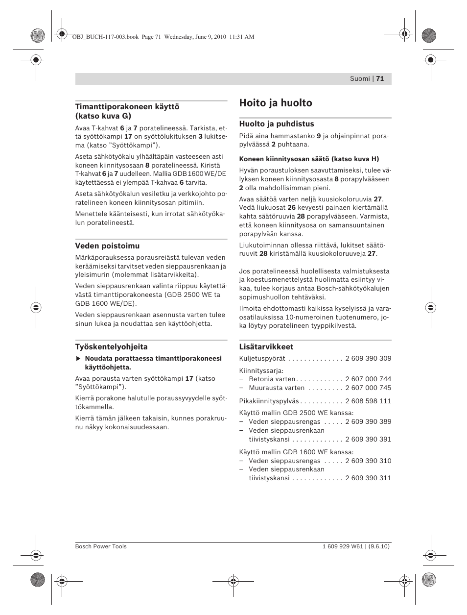 Hoito ja huolto | Bosch S 500 A Professional User Manual | Page 71 / 216