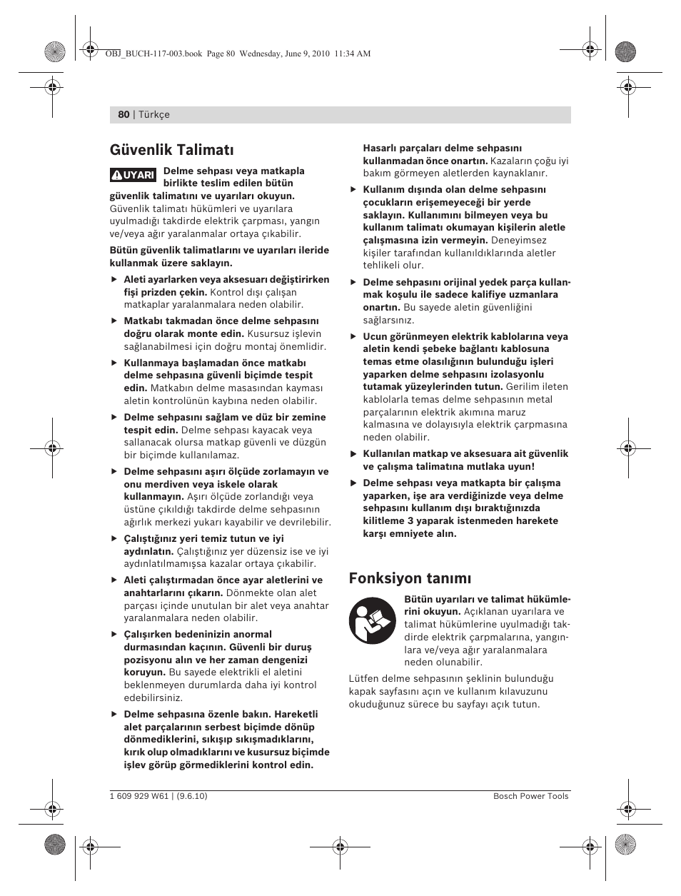 Güvenlik talimat, Fonksiyon tan m | Bosch S 500 A Professional User Manual | Page 80 / 216