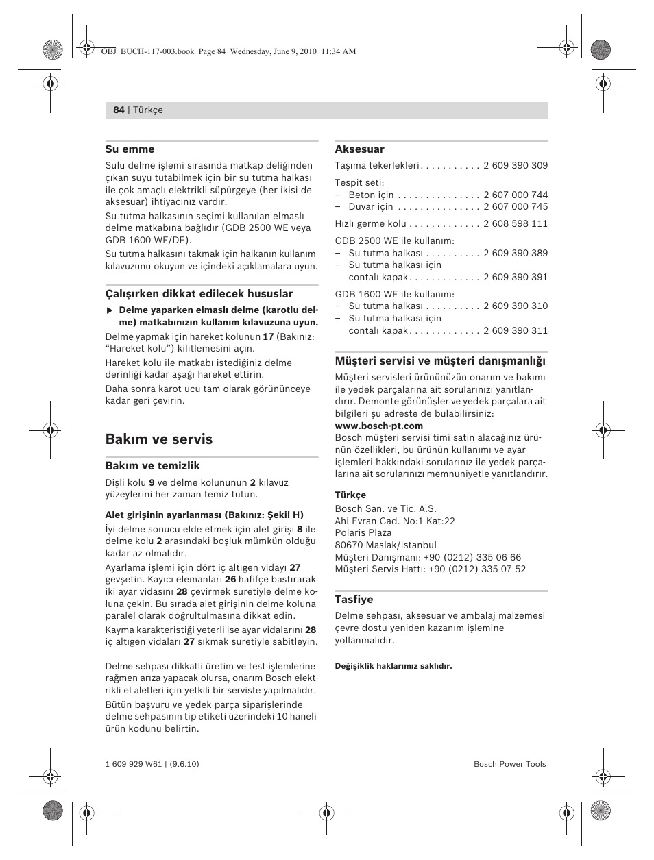 Bak m ve servis | Bosch S 500 A Professional User Manual | Page 84 / 216