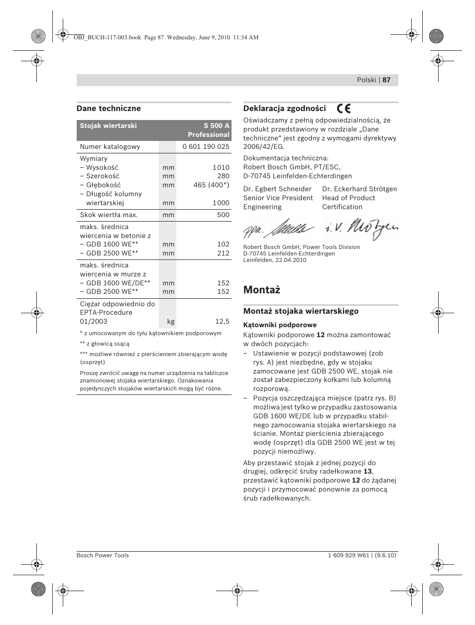 Montaż | Bosch S 500 A Professional User Manual | Page 87 / 216