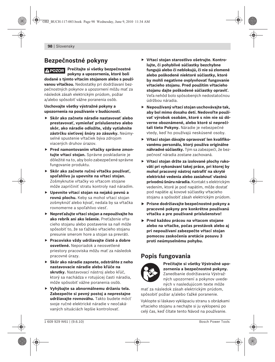 Bezpečnostné pokyny, Popis fungovania | Bosch S 500 A Professional User Manual | Page 98 / 216