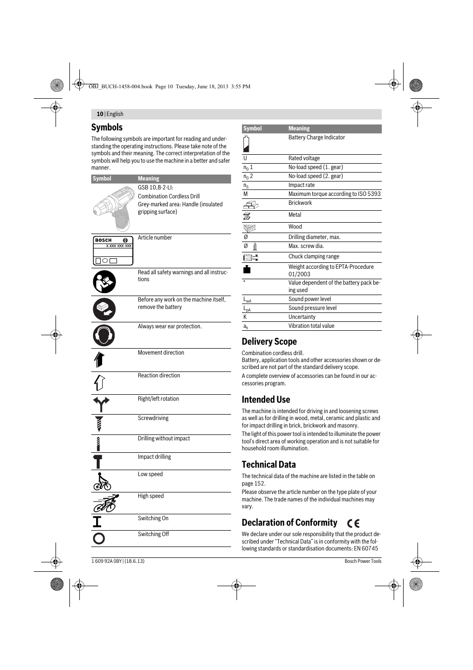 Symbols, Delivery scope, Intended use | Technical data, Declaration of conformity | Bosch GSB 10,8-2-LI Professional User Manual | Page 10 / 157