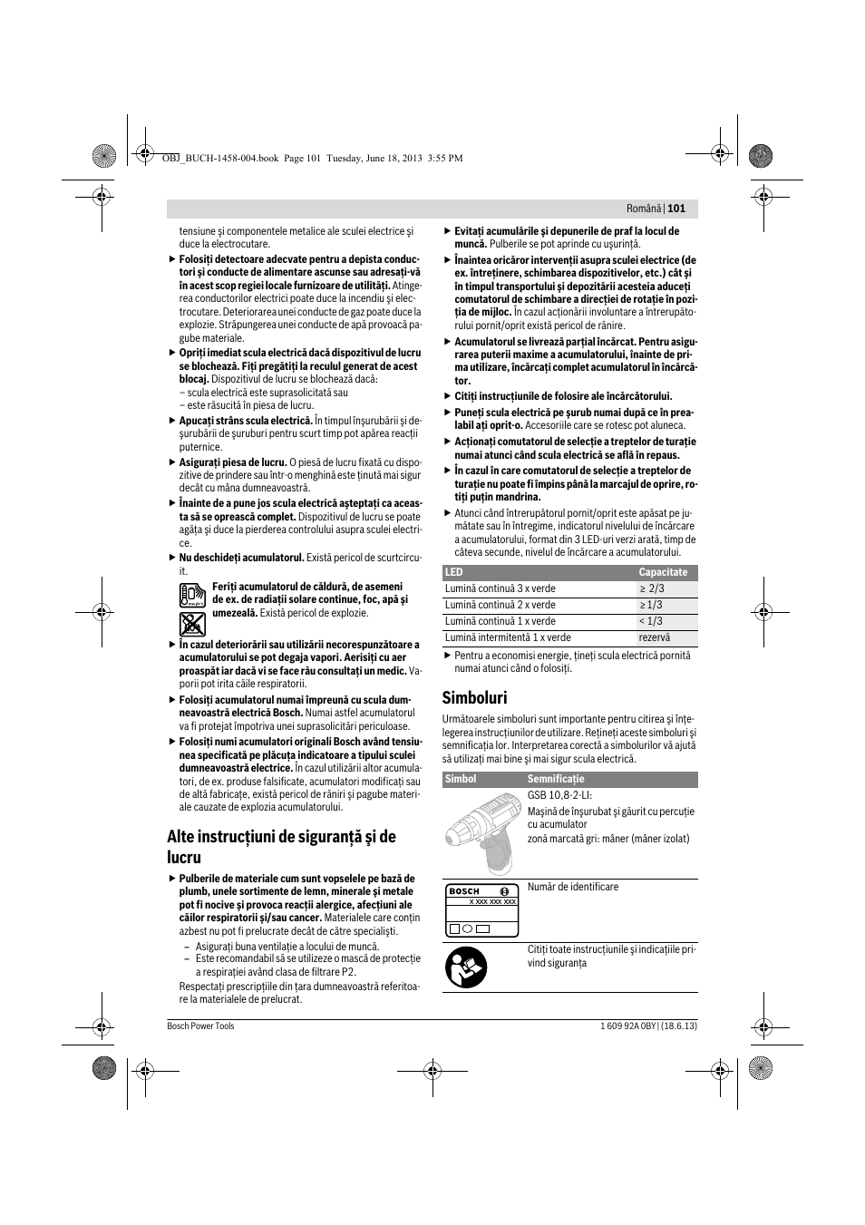 Alte instrucţiuni de siguranţă şi de lucru, Simboluri | Bosch GSB 10,8-2-LI Professional User Manual | Page 101 / 157