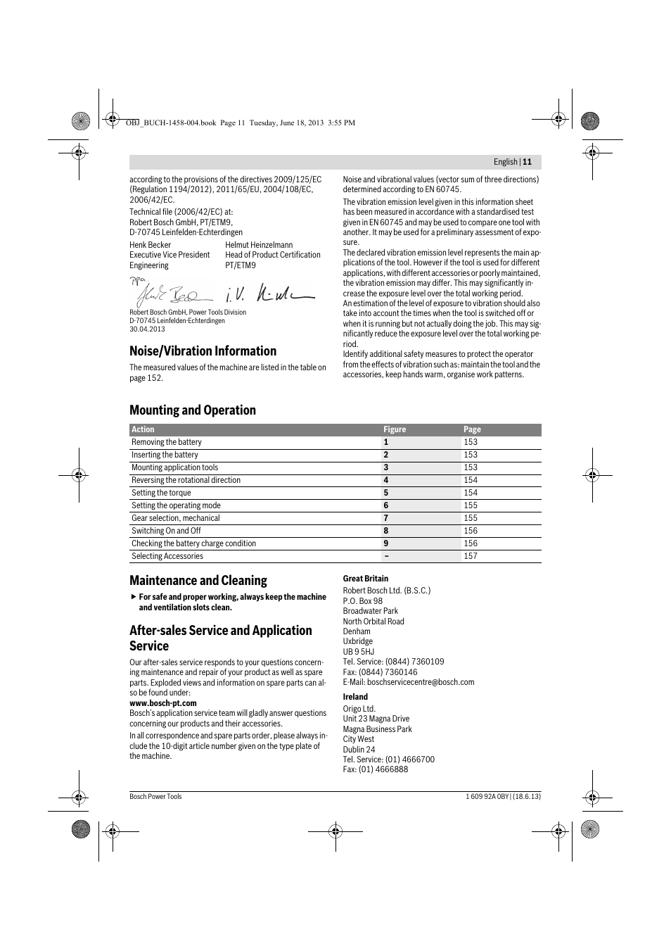 Noise/vibration information, Mounting and operation maintenance and cleaning, After-sales service and application service | Bosch GSB 10,8-2-LI Professional User Manual | Page 11 / 157