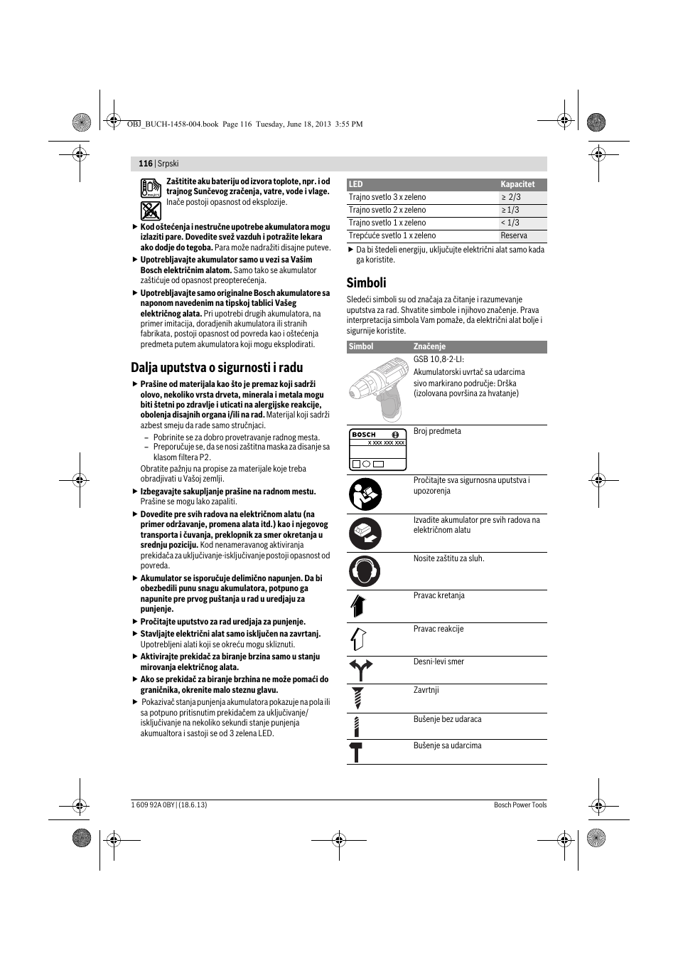 Dalja uputstva o sigurnosti i radu, Simboli | Bosch GSB 10,8-2-LI Professional User Manual | Page 116 / 157