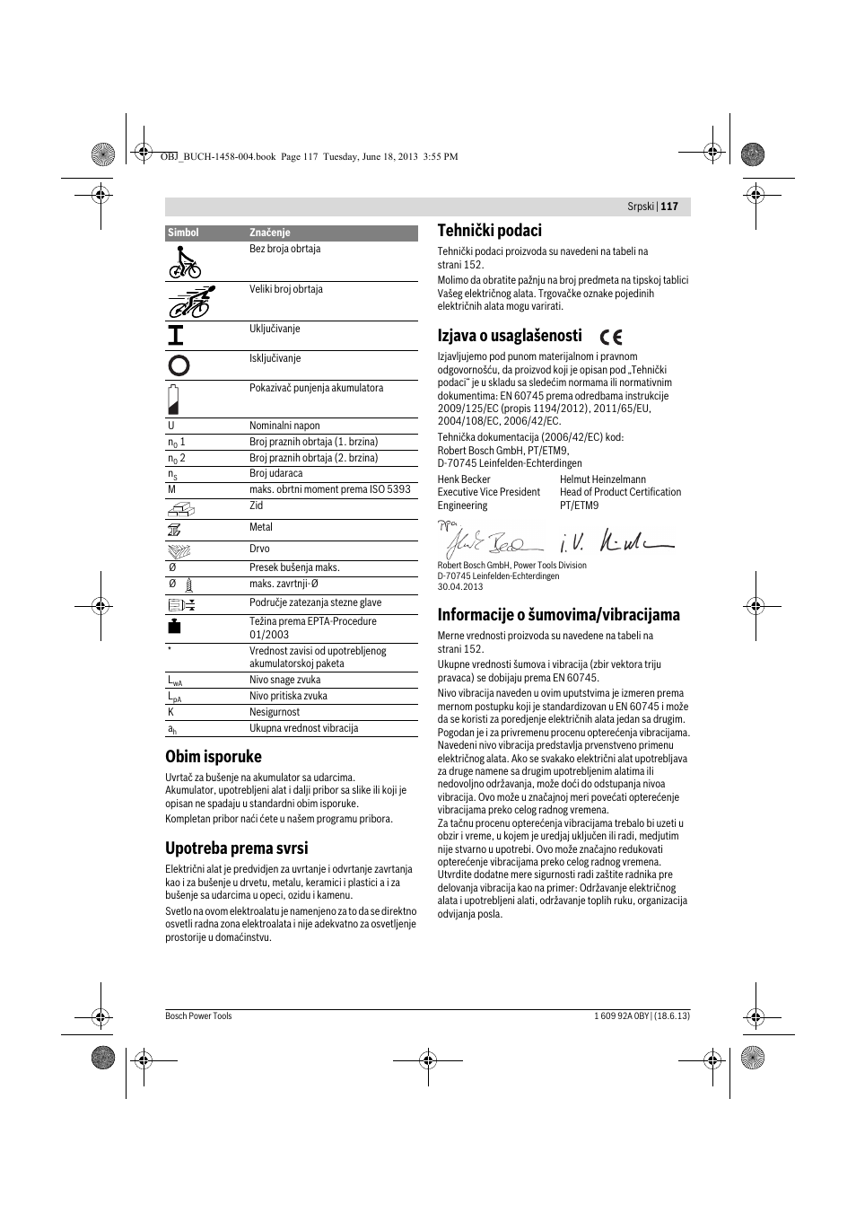 Obim isporuke, Upotreba prema svrsi, Tehnički podaci | Izjava o usaglašenosti, Informacije o šumovima/vibracijama | Bosch GSB 10,8-2-LI Professional User Manual | Page 117 / 157