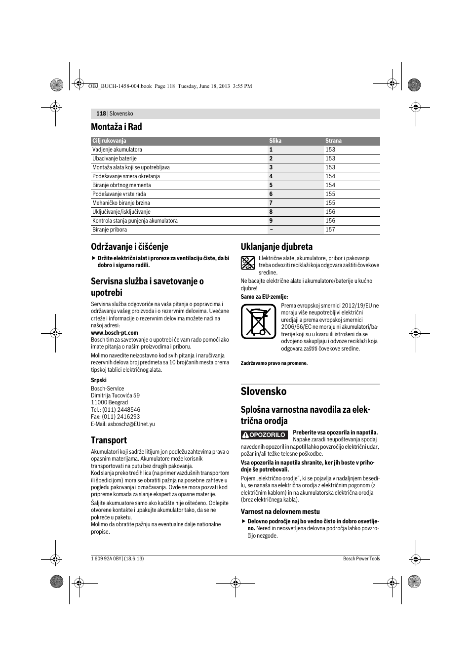 Slovensko, Montaža i rad održavanje i čišćenje, Servisna služba i savetovanje o upotrebi | Transport, Uklanjanje djubreta, Splošna varnostna navodila za elek- trična orodja | Bosch GSB 10,8-2-LI Professional User Manual | Page 118 / 157