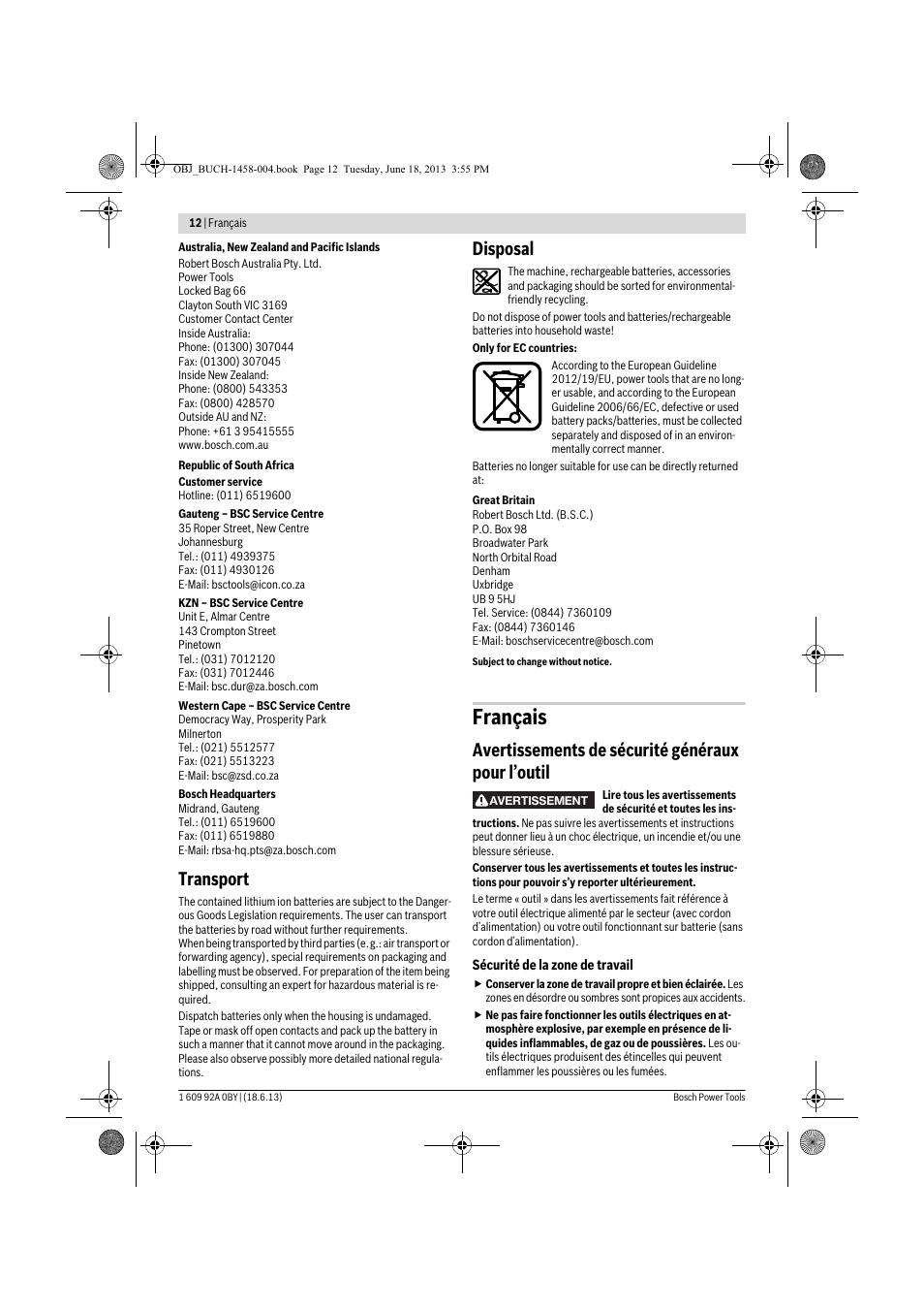 Français, Transport, Disposal | Avertissements de sécurité généraux pour l’outil | Bosch GSB 10,8-2-LI Professional User Manual | Page 12 / 157