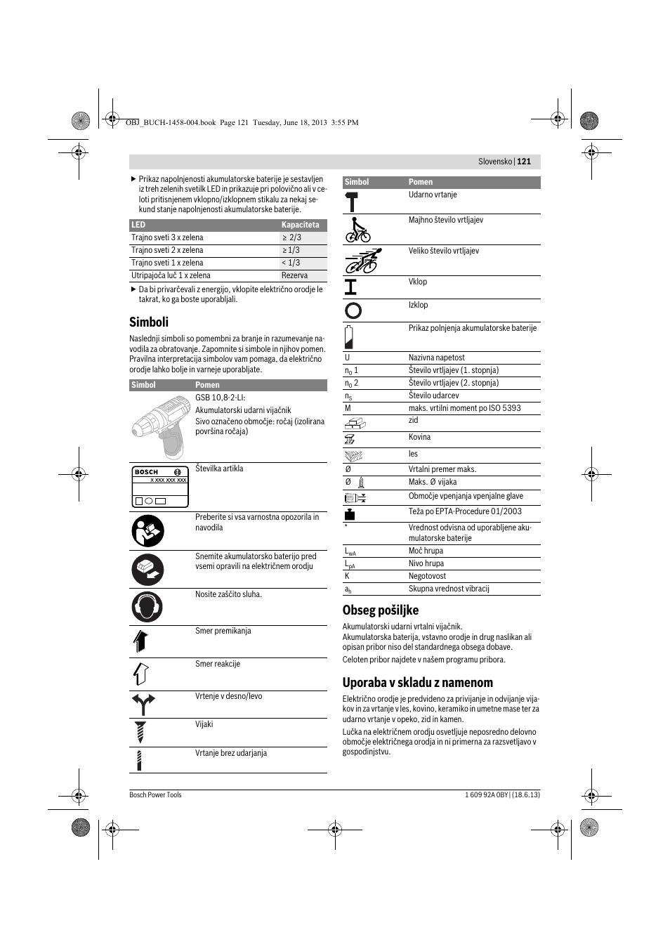 Simboli, Obseg pošiljke, Uporaba v skladu z namenom | Bosch GSB 10,8-2-LI Professional User Manual | Page 121 / 157