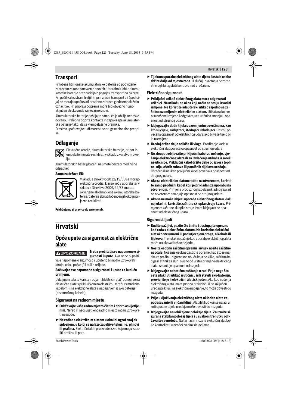 Hrvatski, Transport, Odlaganje | Opće upute za sigurnost za električne alate | Bosch GSB 10,8-2-LI Professional User Manual | Page 123 / 157