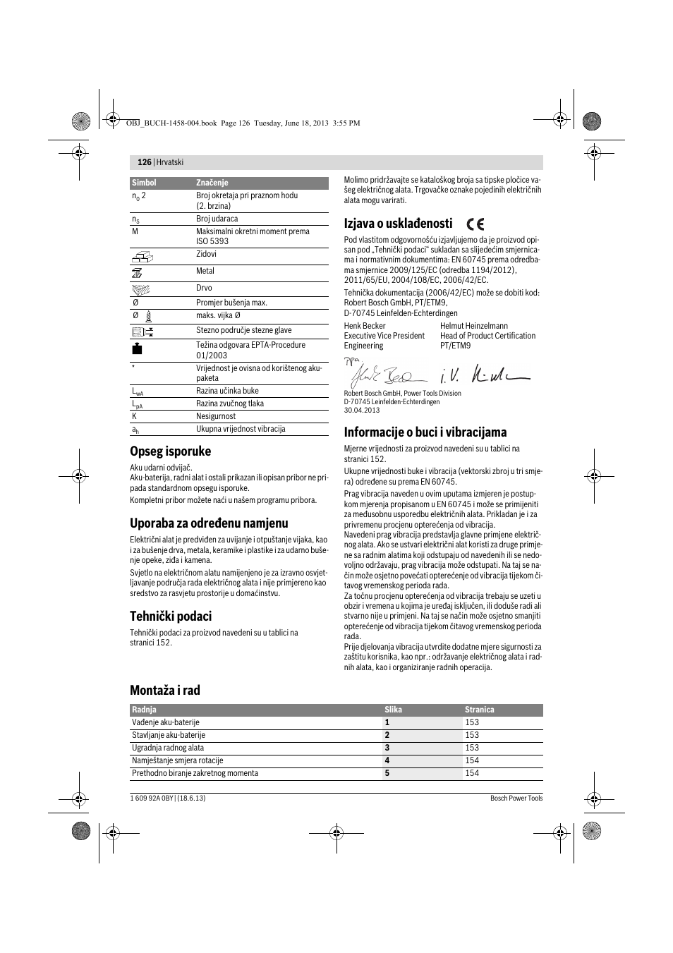 Opseg isporuke, Uporaba za određenu namjenu, Tehnički podaci | Izjava o usklađenosti, Informacije o buci i vibracijama, Montaža i rad | Bosch GSB 10,8-2-LI Professional User Manual | Page 126 / 157