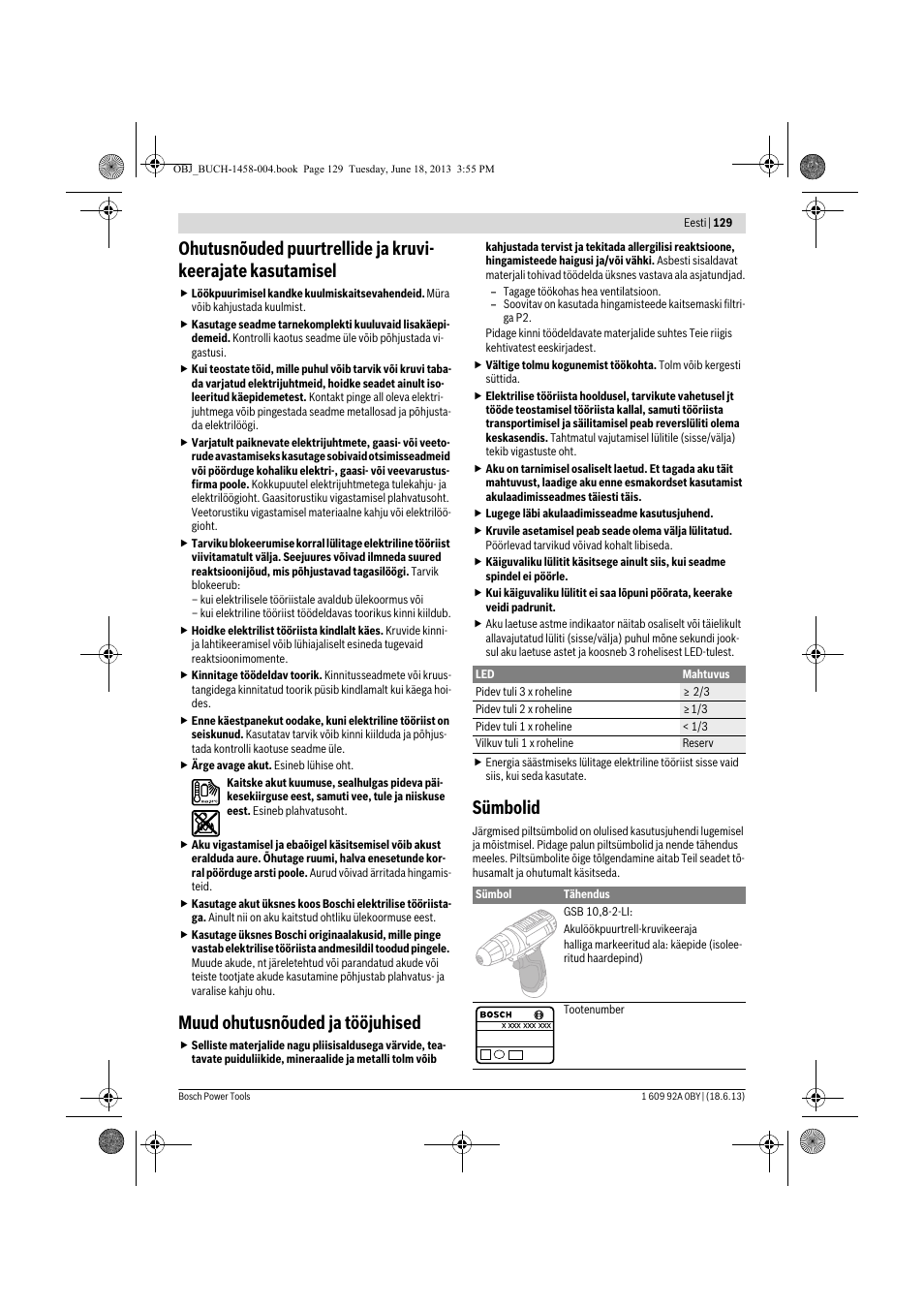 Muud ohutusnõuded ja tööjuhised, Sümbolid | Bosch GSB 10,8-2-LI Professional User Manual | Page 129 / 157