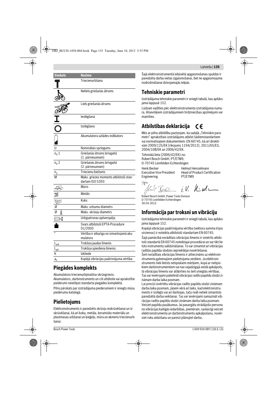 Piegādes komplekts, Pielietojums, Tehniskie parametri | Atbilstības deklarācija, Informācija par troksni un vibrāciju | Bosch GSB 10,8-2-LI Professional User Manual | Page 135 / 157