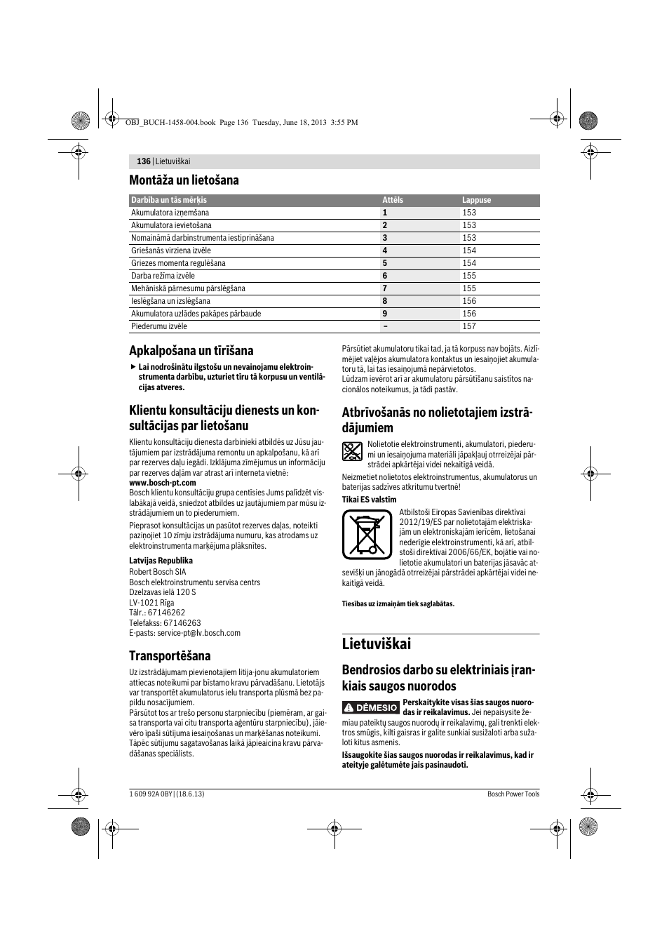 Lietuviškai, Montāža un lietošana apkalpošana un tīrīšana, Transportēšana | Atbrīvošanās no nolietotajiem izstrā- dājumiem | Bosch GSB 10,8-2-LI Professional User Manual | Page 136 / 157