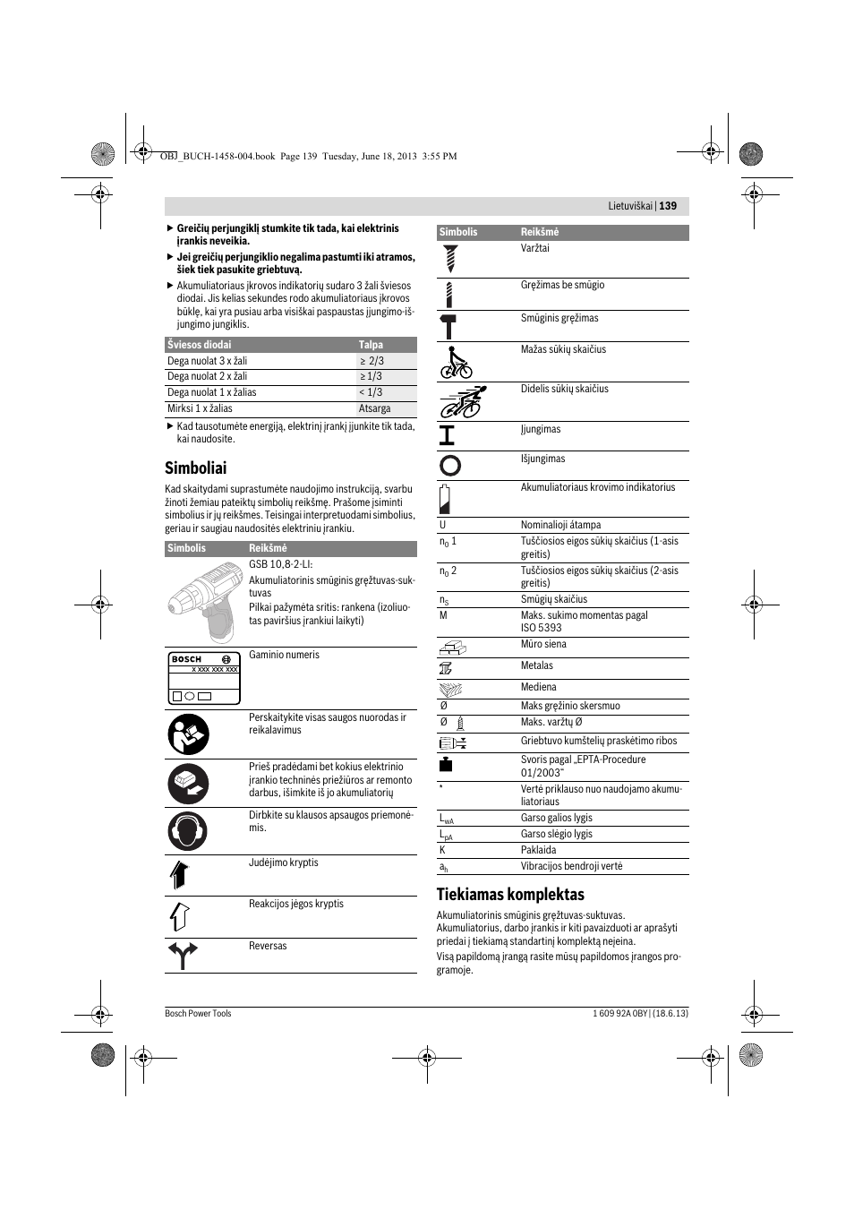 Simboliai, Tiekiamas komplektas | Bosch GSB 10,8-2-LI Professional User Manual | Page 139 / 157