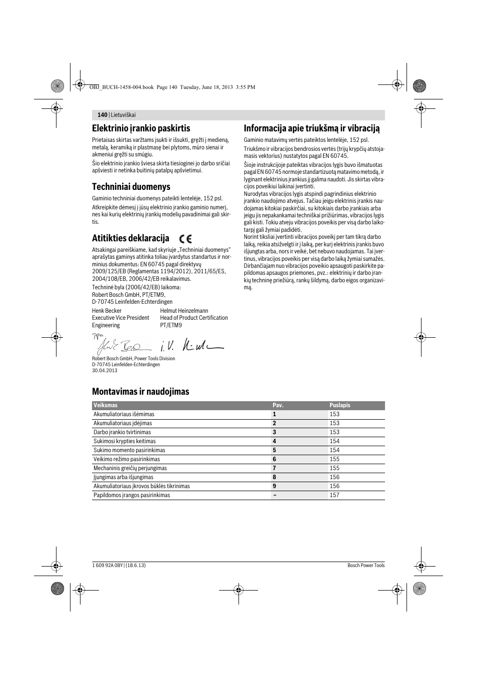 Elektrinio įrankio paskirtis, Techniniai duomenys, Atitikties deklaracija | Informacija apie triukšmą ir vibraciją, Montavimas ir naudojimas | Bosch GSB 10,8-2-LI Professional User Manual | Page 140 / 157