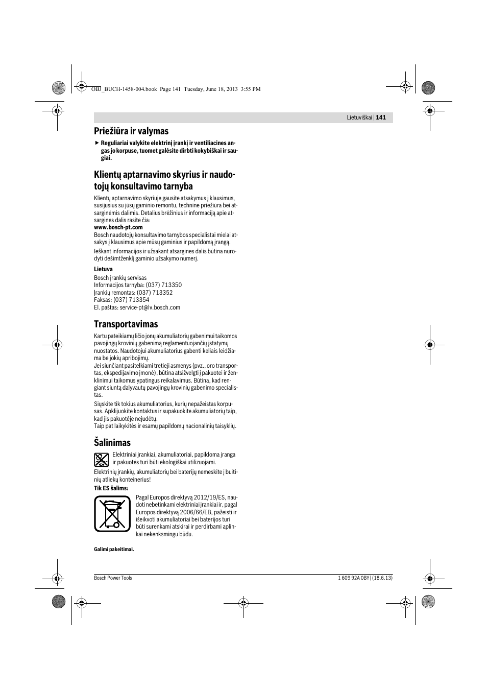 Priežiūra ir valymas, Transportavimas, Šalinimas | Bosch GSB 10,8-2-LI Professional User Manual | Page 141 / 157