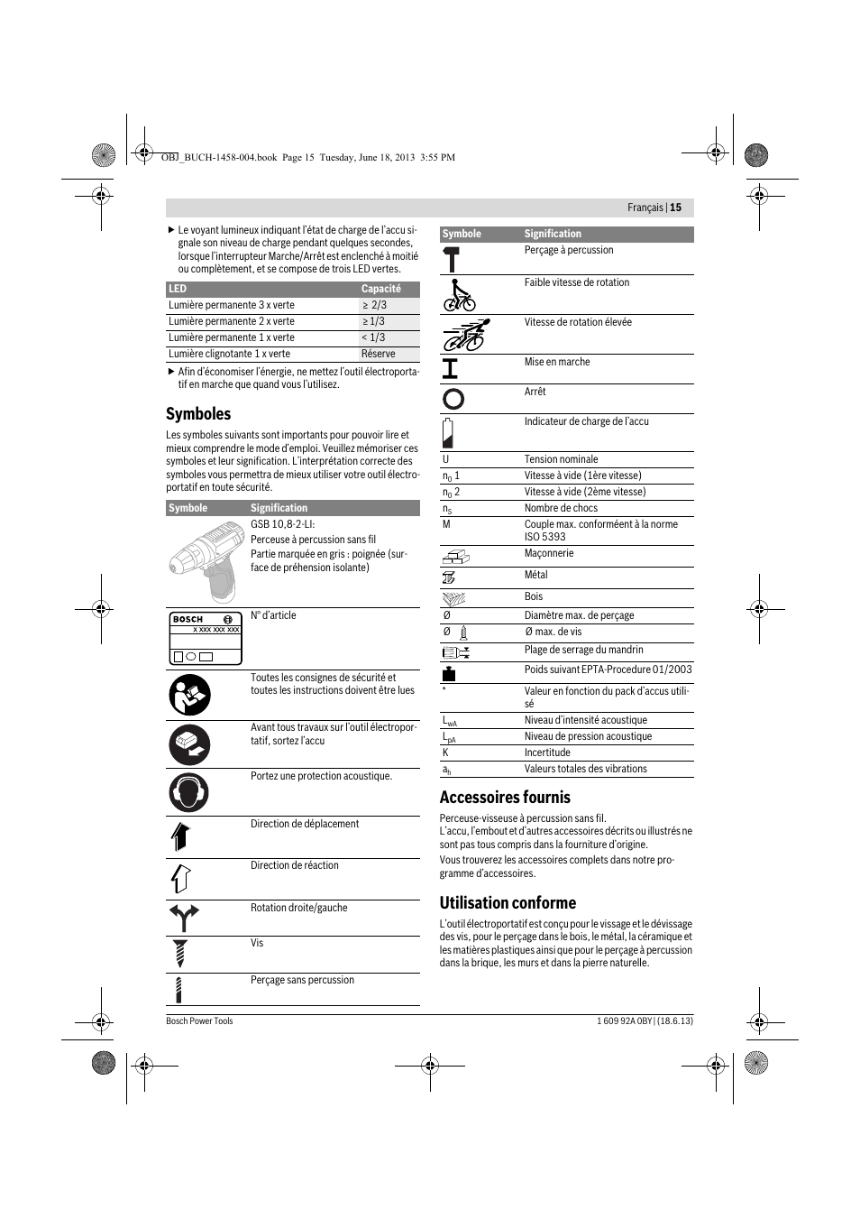 Symboles, Accessoires fournis, Utilisation conforme | Bosch GSB 10,8-2-LI Professional User Manual | Page 15 / 157