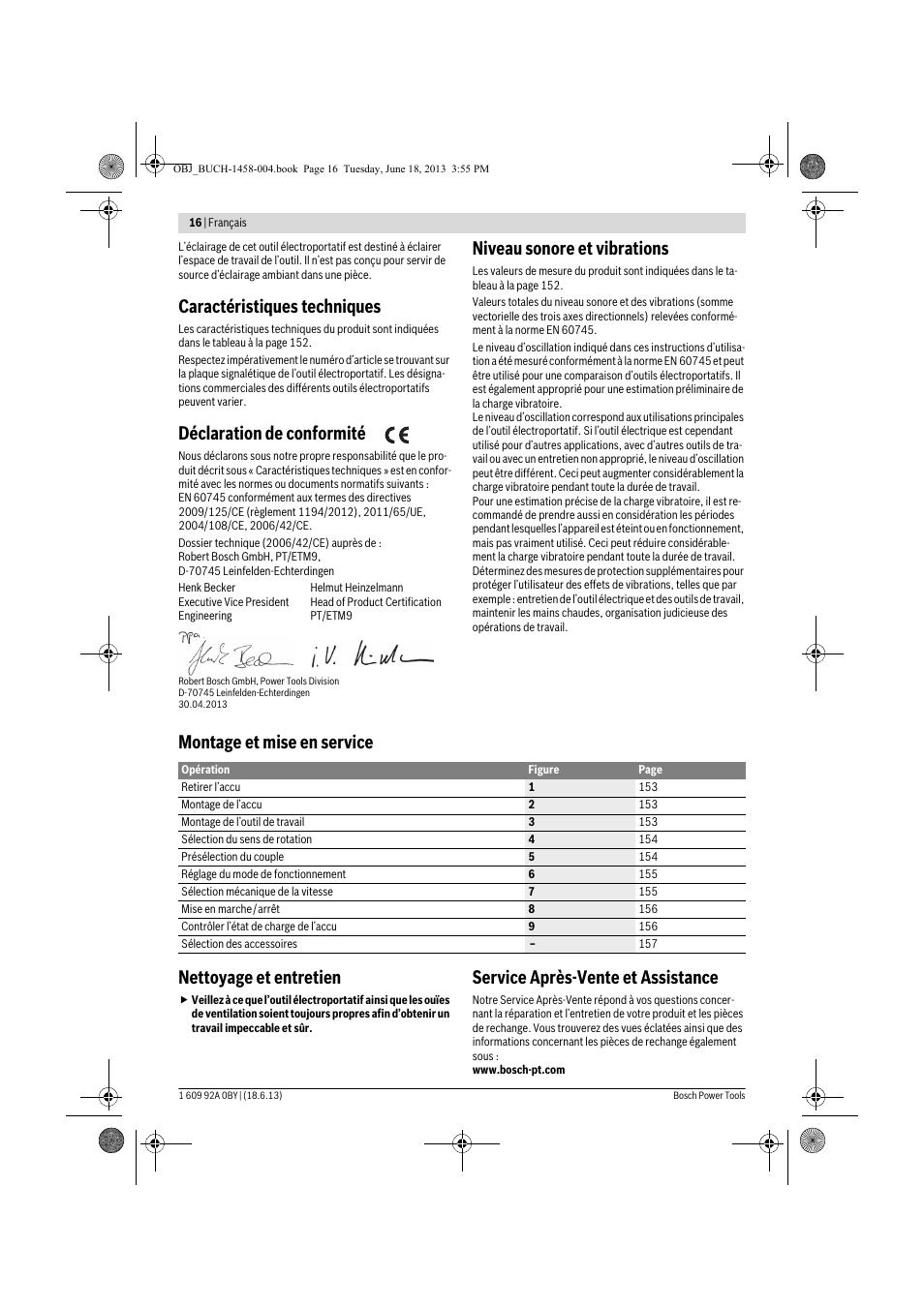 Caractéristiques techniques, Déclaration de conformité, Niveau sonore et vibrations | Montage et mise en service nettoyage et entretien, Service après-vente et assistance | Bosch GSB 10,8-2-LI Professional User Manual | Page 16 / 157