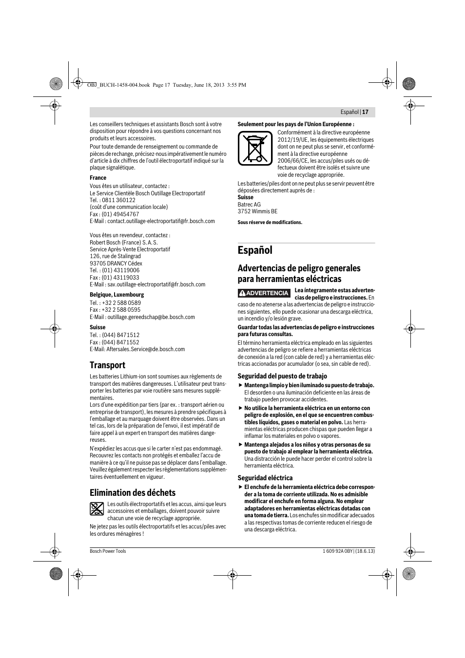 Español, Transport, Elimination des déchets | Bosch GSB 10,8-2-LI Professional User Manual | Page 17 / 157